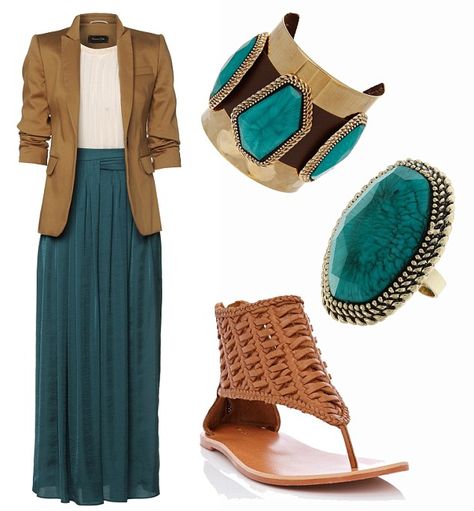 Turquoise Maxi Skirt Outfit, Teal Maxi Skirt Outfit, Neutral Cardigan, Teal Skirt, Camel Blazer, Outfit Blazer, Long Skirt Outfits, Maxi Outfits, Skirt Denim