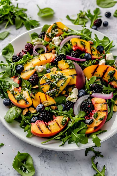 Grill Peach Salad, Grilled Peach Salad Recipes, Peach Blueberry Goat Cheese Salad, Peach Arugula And Blue Cheese Salad, Grilled Peach Mozzarella Salad, Arugula Peach Goat Cheese Salad, Grilled Peach Salad, Creamy Goat Cheese, Basil Vinaigrette