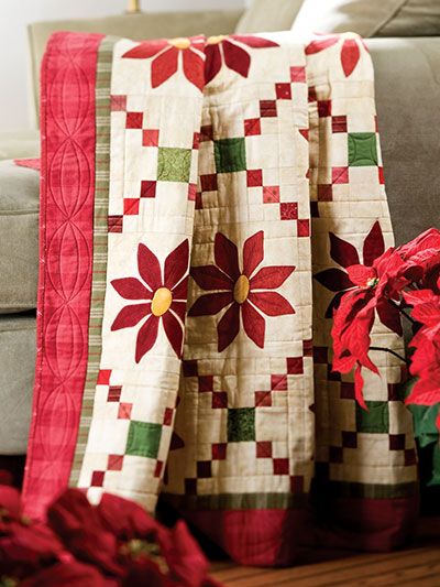 Quilting - Holiday & Seasonal Patterns - Christmas Patterns - Patched Poinsettias Poinsettia Quilt Block, Poinsettia Quilt, Quilting Digest, Christmas Quilt Blocks, Christmas Quilt Patterns, Stone Blocks, Quilt Care, Christmas Applique, Holiday Quilts