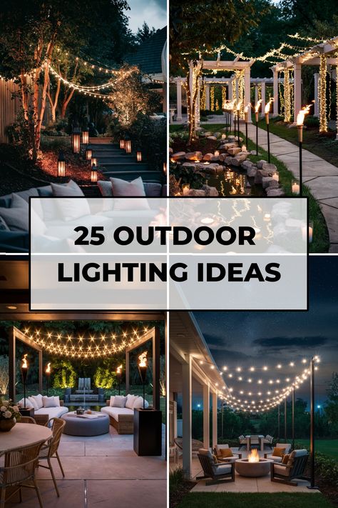 25 creative outdoor lighting setups with string lights, lanterns, and torches for evening ambiance. Backyard Bulb Lights, Cheap Garden Lighting Ideas, Outdoor Party Lights Backyards, Backyard Edison Lights, Stringing Outdoor Patio Lights, Light In Backyard, Fairy Lights Aesthetic Outdoor, Large Backyard Lighting Ideas, Backyard Party Lighting Ideas