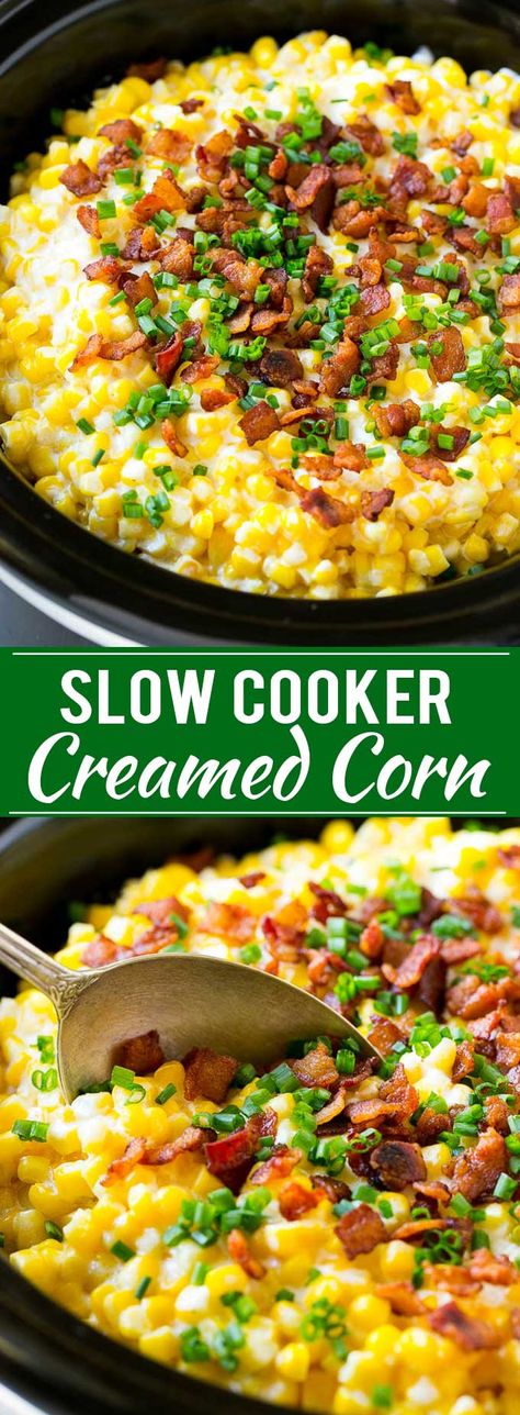 Slow Cooker Creamed Corn Recipe | Easy Creamed Corn Recipe | Slow Cooker Creamed Corn with Bacon #corn #creamedcorn #bacon #slowcooker #crockpot #sidedish #thanksgiving #christmas #dinner #dinneratthezoo Creamed Corn With Cream Cheese, Corn With Cream Cheese, Southern Creamed Corn, Creamed Corn Recipe Easy, Easy Creamed Corn, Corn With Bacon, Slow Cooker Creamed Corn, Recipe Slow Cooker, Creamed Corn Recipes