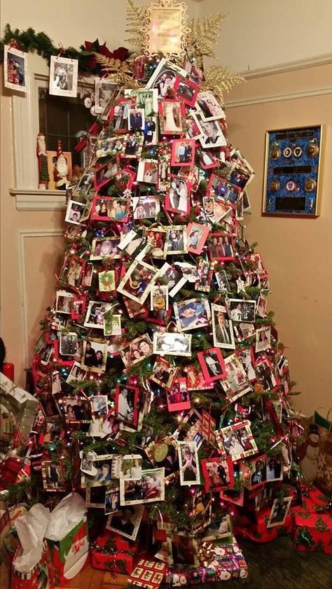 Christmas Tree Family Pictures Photo Ornaments, Family Picture Christmas Tree, Old School Christmas Tree, Christmas Tree With Pictures, Festival Tree, Family Tree Christmas, Old Christmas Cards, Christmas Tree Festival, Christmas Cookie Party