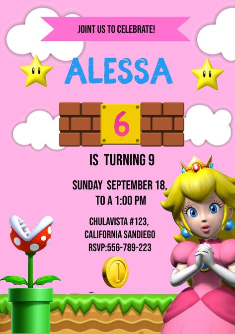 890+ Free Templates for 'Princess peaches' | PosterMyWall Princess Peach Birthday Party Invitation, Princess Peach Birthday Invitations, Princess Peach Invitations, Princess Peaches, Princess Peach Birthday, Princess Peach Party, Birthday Party Invitations Free, Peach Birthday, Mario And Princess Peach