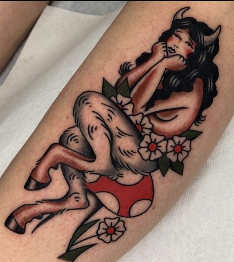 Animal Pinup Tattoo, American Traditional Cryptid Tattoo, American Traditional Unicorn Tattoo, American Traditional Ram Tattoo, Trad Fairy Tattoo, Alien Pinup Tattoo, Pin Up Tattoos Traditional, Cupie Doll Tattoo, Fairy Tattoo Traditional