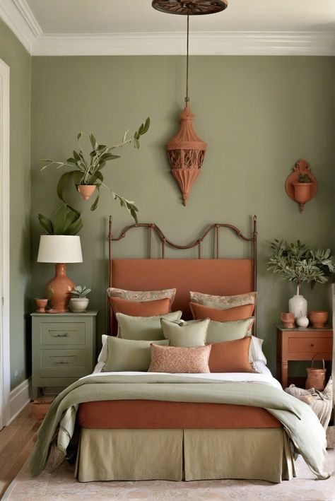 Terracotta Green Cream Bedroom, Sage And Clay Bedroom, Terra Cotta And Sage Bedroom, Terracotta Sage Bedroom, Orange And Sage Bedroom, Green And Terra Cotta Bedroom, Terra Cotta And Green Living Room, Terracotta And Sage Bathroom, Terracota Bedroom Ideas Color Schemes