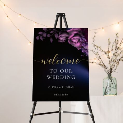 $58.75 | Elegant Moody Black Purple Wedding Welcome Sign #elegant modern simple wedding, moody dark black blue purple, stylish chic sophisticated, wedding welcome sign, rose orchid eucalyptus floral botanical, feminine classy romantic, calligraphy, gold, script, unique Black Purple Wedding, Wedding Puzzle Pieces, Dark Purple Wedding, Pink Purple Wedding, Purple Wedding Centerpieces, Dark Wedding Theme, Purple And Gold Wedding, White Wedding Decorations, Small Backyard Wedding