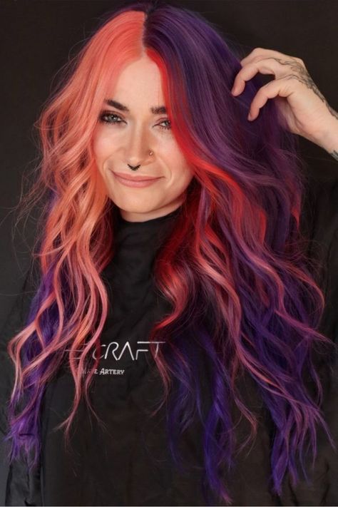 Purple Haze Hair Color Cool Hair Color Combos, Multi Color Hair Dye Techniques, Hair Colors Trending, Hair Dye Techniques, Pink Purple Hair, Split Dye, Multi Colored Hair, Dye Colors, Colorful Hair