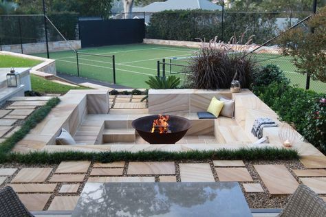 Sandstone Fireplace, Outdoor Fireplace Designs, Fire Pit Landscaping, Small Fireplace, Small Balcony Design, Outdoor Fireplaces, Fire Places, Stone Fire Pit, Fire Pit Seating