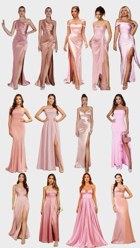 Light Pink And White Bridesmaid Dresses, Bridesmaid Dress Types, Pink Made Of Honor Dress, Bridesmaid Dresses Champagne Pink, Moh Dress Maid Of Honor, Bridesmaid Dresses Pink Satin, Bridesmaids Same Color Different Style, Pink Bridesmaid Dresses Satin, Pink Champagne Bridesmaid Dresses