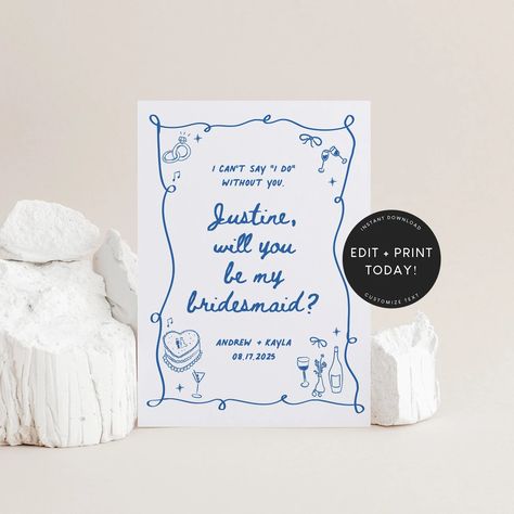 INSTANT Bow Bridesmaid Proposal Card Template, Blue, Hand Drawn, Download, Be My Maid of Honor, Unique Gift, Wavy, Trendy, Bridesmaid Box - Etsy Blue And White Bridesmaid Proposal, Bridesmaid Proposal Blue, Bridesmaid Proposal Light Blue, Something Blue Proposal Card, Will You Be My Bridesmaid Card Printable, Unique Bridesmaid, Bridesmaid Box, Bridesmaid Proposal Cards, Wedding Greeting Cards