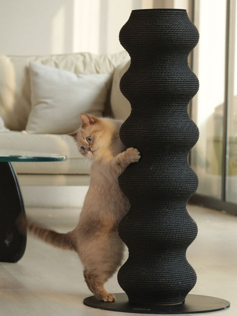 Indulge your feline friend with the Colossal Curvy Clawer - a stunning cat scratching post that blends form and function. Its elegant curves and stylish design make it a beautiful addition to any home. Cat Scratching Post Living Room, Aesthetic Cat Scratcher, Diy Cat Scratcher Post, Diy Cat Post, Diy Scratching Post For Cats, Cat Scratching Wall, Stylish Cat Furniture, Hammock For Cats, Diy Cat House