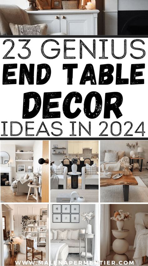 end table ideas - decorating ideas for end table Style Side Table Living Rooms, Styling Small End Table, Occasional Table Decor Ideas, Unique Sofa Table Ideas, Farmhouse End Table Ideas, End Table Between Two Couches, Sofa Side Table Decor Living Room, Style An End Table Living Room, Square End Table Decor