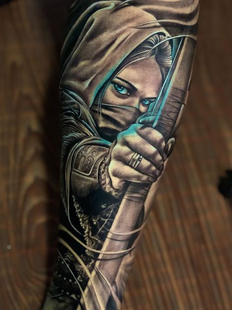 Lion King Decorations, Ranger Tattoo, Archery Tattoo, Archer Tattoo, Card Tattoo Designs, Girl Face Tattoo, Men Tattoos Arm Sleeve, Forarm Tattoos, Warrior Tattoos