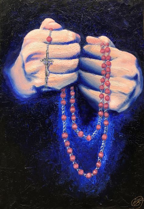 Rosary Oil on canvas 70 x 90 cm Kayla Bergeron I painted this peace when I was growing a relationship with the rosary as a form of prayer and meditation on the life of Christ. Every season of life has it's cross that we are meant to bear, whether we offer that sacrifice and suffering up in unison with Christ, or we choose to allow these things to drag us down, is up to us. Praying the rosary was and is a great source of peace. If you choose to purchase a print, or the original painting (this pos Rosary Painting, Season Of Life, Graphic Design Images, Life Of Christ, Album Art Design, Praying The Rosary, 1 Tattoo, The Rosary, Arte Inspo