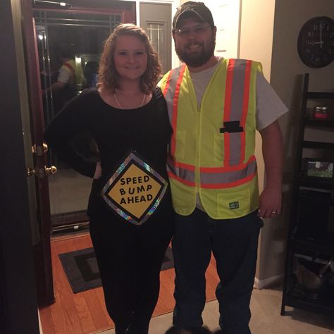 Speed bump ahead. Pregnant couple costume. Bump Ahead Halloween Costume, Funny Couple Costumes, Bump Ahead, Pregnancy Costumes, Pregnancy Pics, Mommy Things, Halloween Coustumes, Halloween Idea, Couple Costume