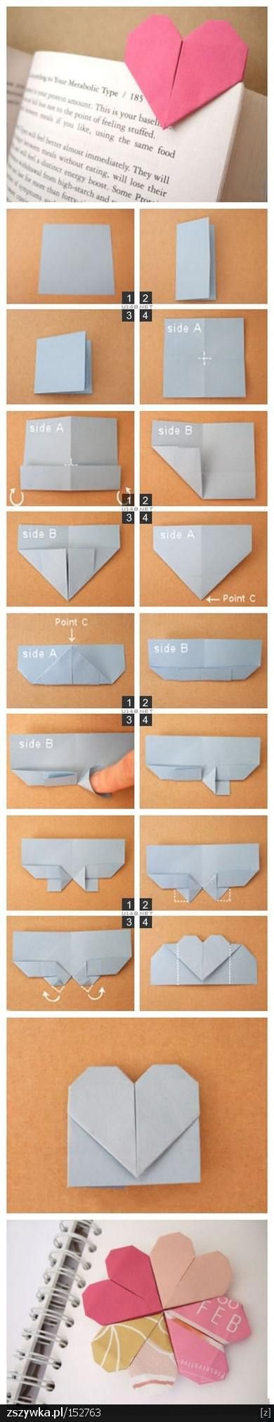 Origami Heart With Wings, Penanda Buku, Origami Bookmark, Heart Bookmark, Folding Origami, Seni Dan Kraf, Origami Heart, Useful Origami, Diy Bookmarks