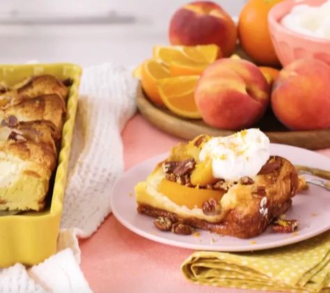 Overripe Peach Recipes Peaches And Cream French Toast, Brunch Casseroles, Peaches Recipes, Peach French Toast, Brunch Reception, Creme Brulee French Toast, French Toast Bake Recipe, Easy Breakfasts, Peach Recipes