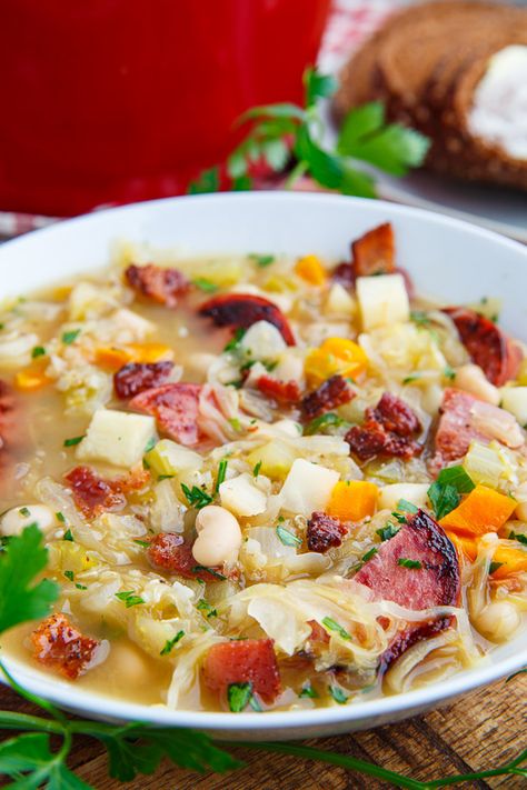 Kielbasa Sauerkraut Soup Soup Kielbasa, Kielbasa Sauerkraut, Cabbage Soup Crockpot, Bacon Beans, Soup With Bacon, Sauerkraut Soup, Sauerkraut Recipes, Savory Soups, Soup And Stew