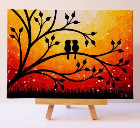 Sunset Painting Love Birds Artwork Original Mini Painting - Love Birds Painting Purple Canvas Art, Birds On Tree, Love Birds Painting, Tree Orange, Painting Birds, Orange Painting, Whimsical Wall Art, Art Whimsical, Simple Canvas Paintings