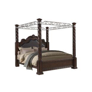 King Canopy Bed Master Bedrooms, Canopy Bed Queen, Faux Leather Headboard, Wood Canopy Bed, Queen Canopy Bed, Bed Queen, Leather Headboard, Upholstered Panel Bed, Solid Wood Bed