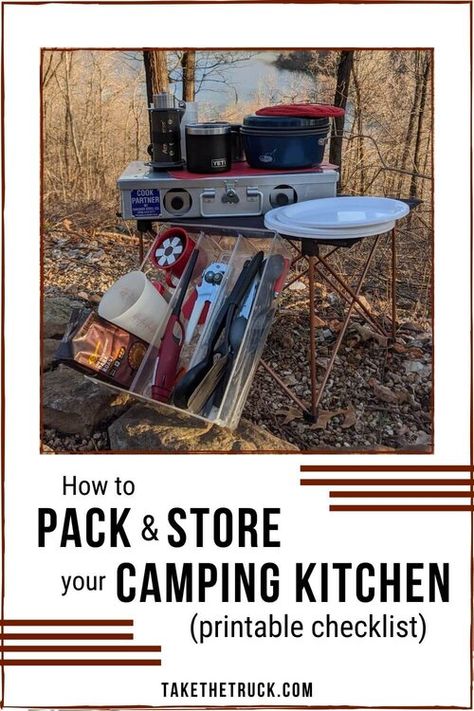 Set Up a Camp Kitchen Box Today [Complete Guide and Checklist] | Take the Truck Best Camping Cookware, Diy Camping Kitchen, Camping Kitchen Organization, Camping Kitchen Ideas, Camp Kitchen Ideas, Glamping Kitchen, Camping Kitchen Set Up, Camp Kitchen Chuck Box, Portable Camp Kitchen