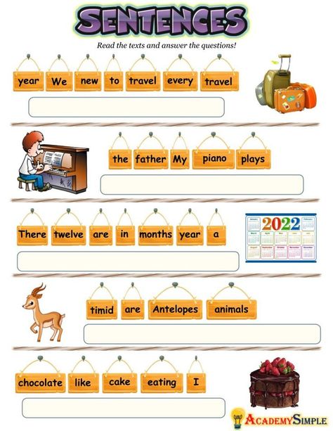 #academysimple#worksheets #printable #primaryschool #elementaryschool #academia #kidsactivitiesij #activitiesforkids #cram #homeschooling #educationalresources #download #pdf #practice #learning #studentfocusededucation #education #learnenglish #Grade1 #Grade1English #sentences #simplesentences #grade1sentences #grammar Scrambled Sentences Worksheet, Unscramble Sentences, Sentence Building Worksheets, Sentences Kindergarten, Sentences Worksheet, English Poems For Kids, Second Grade Sight Words, Scrambled Sentences, Making Sentences