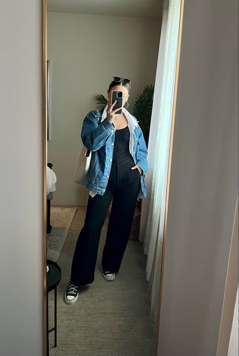 Oversized denim jacket, oversized white button down, black tank, black wide leg trousers, chuck taylors Wide Leg Trousers Outfit Winter, Black Wide Leg Pants Outfit Casual, Wide Leg Black Jeans Outfit, Black Wide Leg Jeans Outfit, Wide Leg Pants Outfit Casual, Black Wide Leg Pants Outfit, Black Top Outfit, Denim Jacket Oversized, Wide Leg Black Jeans