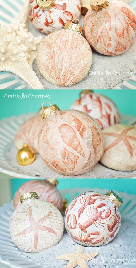 Beautiful nautical DIY Christmas ornaments made with Mod Podge - wouldn't these look amazing on a coastal themed tree? Beach Christmas Trees, Beach Christmas Decorations, Beach Christmas Ornaments, Coastal Ornament, Coastal Christmas Tree, Nautical Diy, Florida Christmas, Coastal Christmas Decor, Beachy Christmas