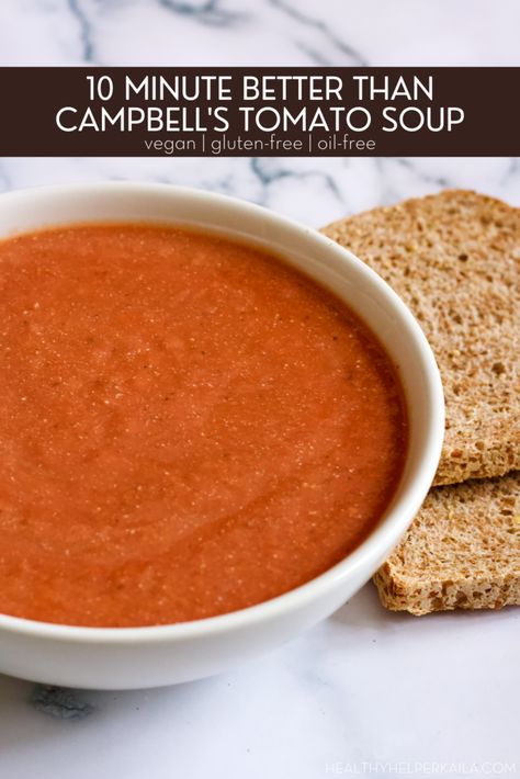 10 Minute BETTER THAN CAMPBELL'S Tomato Soup | The BEST homemade tomato soup you’ll ever have! This copycat Campbell’s recipe is vegan, gluten-free, low in fat & calories, and is ready in LESS than 10 minutes. #tomatosoup #healthysoup #vegansoup #dairyfree #glutenfree #healthysouprecipes #healthytomatosoup Better Than Campbells Tomato Soup, Best Homemade Tomato Soup, Tomato Soup From Scratch, Homemade Grilled Cheese, Campbell's Tomato Soup, Multicultural Recipes, Campbells Recipes, Homemade Tomato Soup, Vegan Tomato Soup