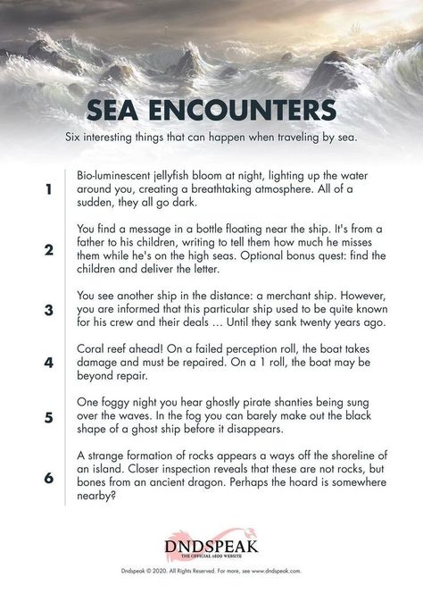 Dnd Sea Adventure, Sea Encounters Dnd, Ocean Encounters Dnd, Dnd Sea Campaign, Pirate Campaign Dnd, Dnd Ocean Encounters, Plot Hooks Dnd, Dnd Water Encounters, Dnd Sea Encounters