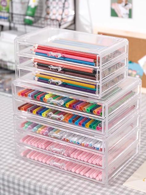 Stationery Display, Tape Storage, Desktop Drawers, Makeup Storage Box, Stationery Essentials, Cool School Supplies, Transparent Box, Make Up Organiser, Creative Storage