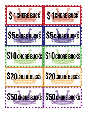 These colorful, printable chore bucks ranging in amount from one dollar to 50 dollars are decorated with royal crowns. Free to download and print Printable Stars, Printable Crown, Chore Rewards, Chore Board, Kid Responsibility, Job Chart, Age Appropriate Chores, Kids Rewards, Printable Chore Chart