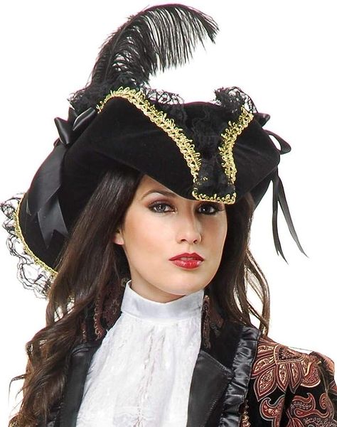 Amazon.com: Charades Women's Velvet Pirate Hat with Feather, Black/Red Gold, OS : Clothing, Shoes & Jewelry Pirate Costume Accessories, Pirate Halloween Party, Ribbon Clothing, Wench Costume, Costume Pirate, Famous Pirates, Pirate Wedding, Pirate Boots, Lady Pirate