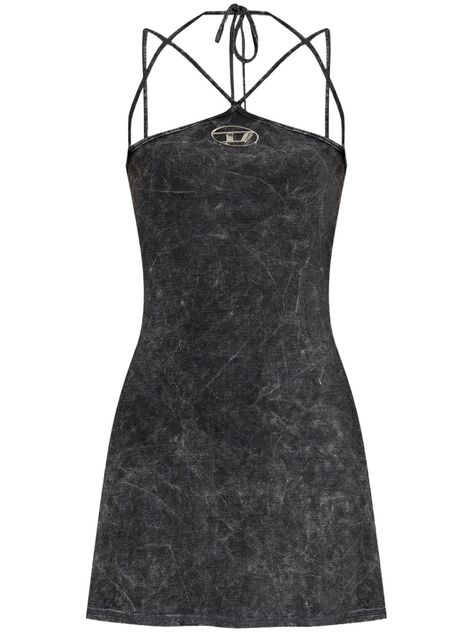 black stretch-cotton acid wash Oval D logo plaque halterneck multi-way straps sleeveless thigh-length straight hem Grunge Dresses Png, Diesel Dress Outfit, Diesel 2022, Diesel Outfit, Diesel Dress, Grunge Dresses, Diesel Dresses, Dress Reference, Diesel Clothing