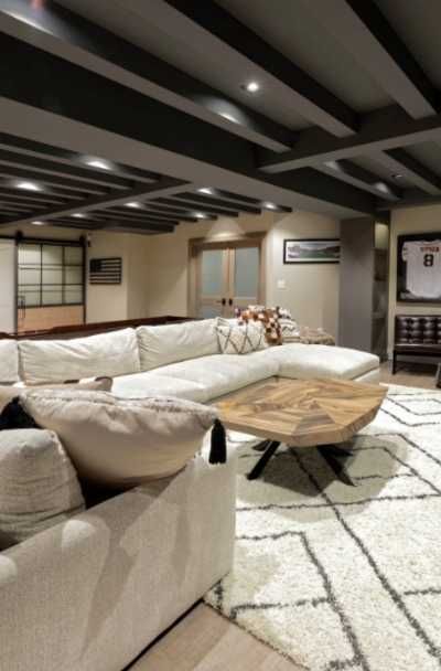 39 Basement Ceiling Design Ideas - Sebring Design Build Exposed Basement Ceiling, Low Ceiling Basement, Basement Decoration, Bloxburg Basement, Dream Basement, Basement Remodel Diy, Basement Inspiration, Ceiling Design Ideas, Basement Living Rooms