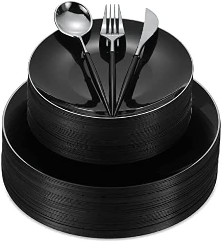 Ships within 24 Hours or Less! Buy This Product Form Our Website For Your Amazing Party! Black Plastic Plates Cutlery Dinnerware Set | 30 Guest Disposable Plates & Silverware Set, Black Silver Rim Dinner & Dessert Plates, Black & Silver Flatware | 150Pcs Heavy Duty Shop at https://www.homepartyking.com/product/black-plastic-plates-cutlery-dinnerware-set-30-guest-disposable-plates-silverware-set-black-silver-rim-dinner-dessert-plates-black-silver-flatware-150pcs-heavy-duty Black Plastic Plates, All Black Party, Silver Plates, Dinner Dessert, Disposable Plates, Silver Flatware, Plastic Plates, Dessert Plates, Black Party