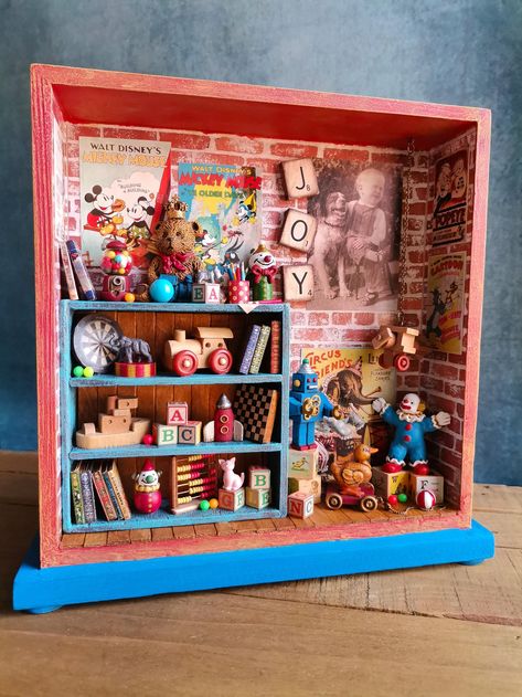 Disney Diorama, Nook Bookshelf, Room Diorama, Shadowbox Art, Bookshelf Decoration, Box Assemblage, Miniature Diorama, Satisfying Pictures, Mixed Media Wall Art