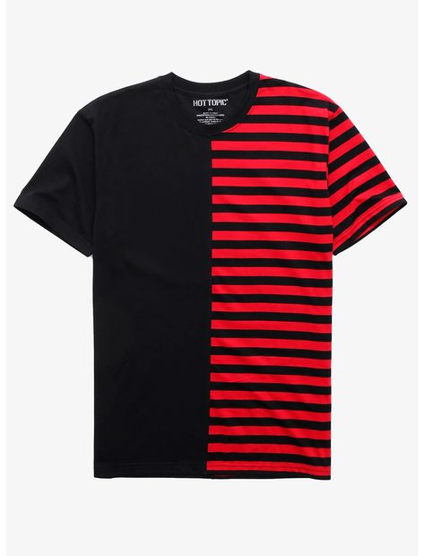 Red & Black Stripe Split T-Shirt Street Skater Style, Honey Waffles, Zipper Polo Shirt, Design Boards, Patches Shirt, Black Patch, High Design, Split Design, Black Graphic Tees