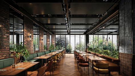 Industrial restaurant design :: Behance Farm To Table Restaurant Design, Industrial Restaurant Design, Restaurant Design Concepts, Steel Restaurant, Brunch Bar, Industrial Restaurant, Wellness Retreat, Perforated Metal, Restaurant Interior Design