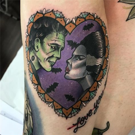 'Love you more' Frankenstein and his bride on the super lovely Charlie #frankensteintattoo #frankenstein #brideoffrankenstein #frankensteinbride #halloweentattoo #cutetattoo #love #hearttattoo #frametattoo #legtattoo #tattoocollector #northernglory #newcastleupontyne #newcastletattoo #femaletattooartist #ladytattooers Frankenstein And Bride Tattoo, Old Traditional Tattoo, Frankenstein And His Bride, Frankenstein Tattoo, Frankenstein And Bride, Bride Tattoo, Teacup Tattoo, Friday The 13th Tattoo, Engraving Tattoo