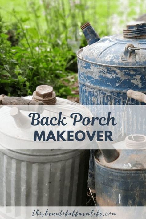 Back porch makeover inspiration with vintage oil cans plants, old wash tubs, doors, galvanized buckets, garden tools, vintage lawn chairs and potted plants.  See the BEFORE and AFTER! www.thisbeautifulfarmlife.com #porch #porchdecor #porchdecorating #porchfurniture #farmhousestyle #farmhouse #farmhousedecor #vintage #antiques #porchmakeover #porchideas #makeover Old Wash Tub Ideas, Galvanized Bucket Sink, Small Farmhouse Sink, Back Porch Makeover, Metal Wash Tub, Garden Chairs Metal, Vintage Oil Cans, Vintage Porch, Galvanized Tub