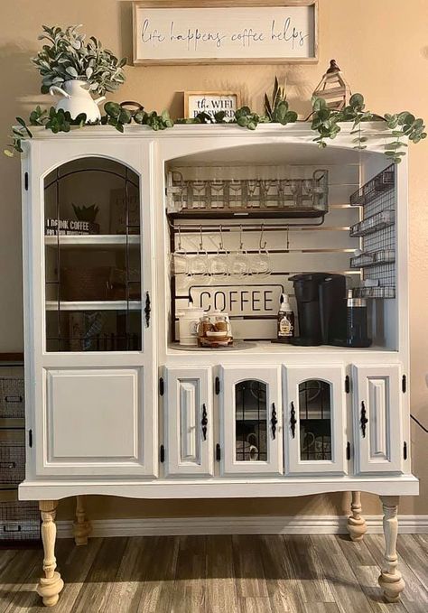 Coffee bar made from entertainment center (legs added for heigth) Kaffe Bar, Home Coffee Bar, Coffee Bar Home, Diy Furniture Renovation, Furniture Rehab, Furniture Renovation, Repurposed Furniture Diy, Refurbished Furniture, Furniture Makeover Diy