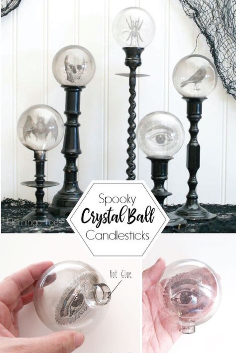 Spooky Crystal Ball Halloween Candlesticks – Flamingo Toes Crystal Ball Halloween, Porta Halloween, Candlestick Crafts, Halloween Candlesticks, Läskig Halloween, Diy Halloween Dekoration, Cheap Diy Halloween Decorations, Casa Halloween, Anniversaire Harry Potter