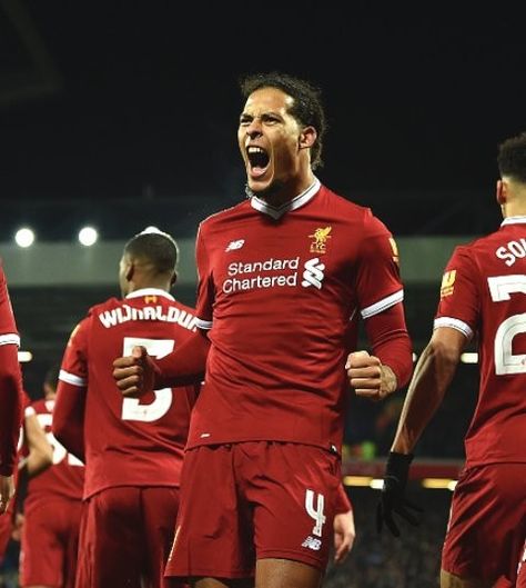 Van Dyjk celebrating his 84th minute winner on his debut in 2-1 win over Everton in the fa cup 05/01/18 Virgil Van Dijk And Ibrahima Konate, Virgil Van Dijk Celebration, Liverpool Premier League Champions, Liverpool Vs Aston Villa, Liverpool Vs Man United 7-0, Virgil Van Dijk, Fa Cup, Liverpool Fc, Football Team