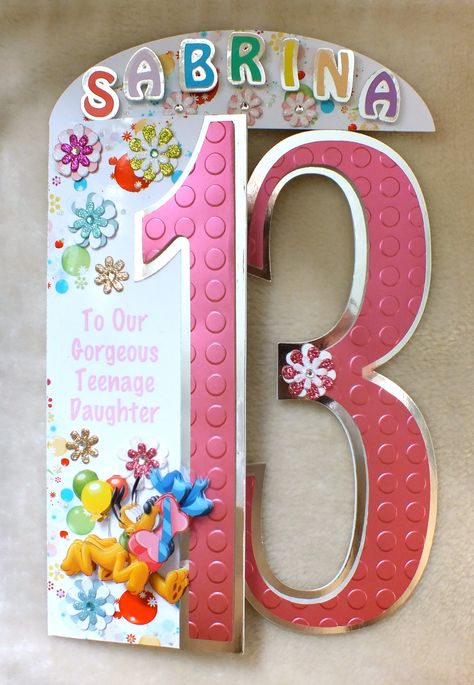 13th Birthday Cards For Girls Diy, Happy 13th Birthday, Birthday Card Handmade, Girl Birthday Cards, Card Layouts, Diy Centerpieces, Birthday Numbers, Kids Birthday Cards, Number Cards