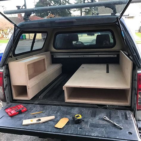 And another camper cabinet/sleeping platform. This one for the Tacoma. #truckcamper #camperbuild #truckbedcamper #truckbedcamping… Camper Cabinets, Truck Topper Camping, Truck Cap Camping, Truck Cap Camper, Pickup Camping, Truck Camper Shells, Canopy Ideas, Truck Bed Storage, Truck Bed Camping