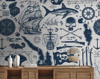 Skulls Wallpaper, Pirate Map, Vintage Pirate, Wallpaper Roller, Navy Wallpaper, Map Wallpaper, Skull Wallpaper, Old Wallpaper, Wallpaper Mural