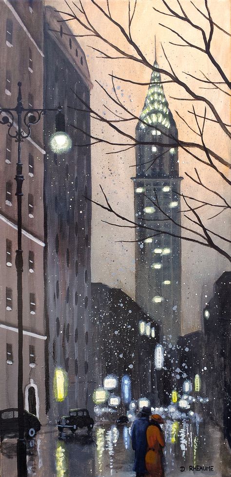 "A New York Evening" www.daverheaume.com New York Evening, New York Drawing, New York Snow, New York Painting, Street Painting, City Painting, Art Carte, Cityscape Art, Ny City