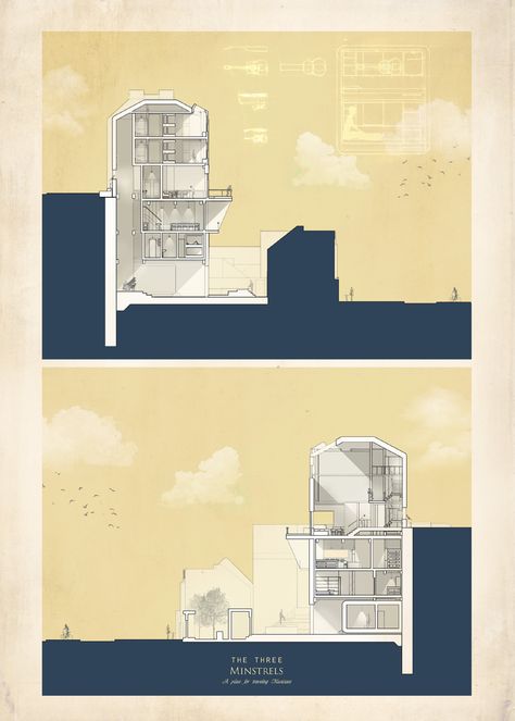 The Three Minstrels / John Chia © Non Architecture Competitions Section Drawing Architecture, Henning Larsen, Section Drawing, Architecture Presentation Board, Architecture Panel, Architecture Collage, Renzo Piano, Architecture Graphics, Architectural Section