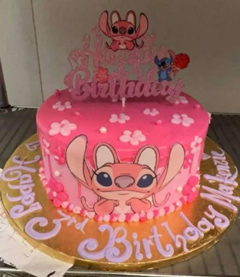 Pink Stitch Cake, Angel Stitch Cake, 10 Year Birthday Cake, Stitch Bday Cake, Angel Birthday Theme, Stitch And Angel Birthday, 10 Year Birthday, 17th Birthday Cake, Lilo And Stitch Cake